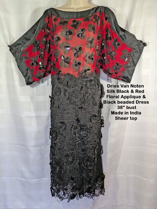 Dries Van Noten Dresses & Skirts - Dries Van Noten Silk Black & Red Floral Applique Dress, 38" bust, Made in India